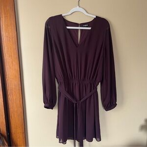 Elegant Deep Purple Sheer Long-Sleeve Dress